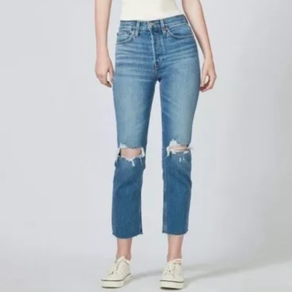 RE/DONE 70s Stove Pipe High Rise Ankle Jeans‎ in Dusk Destroy Size 25